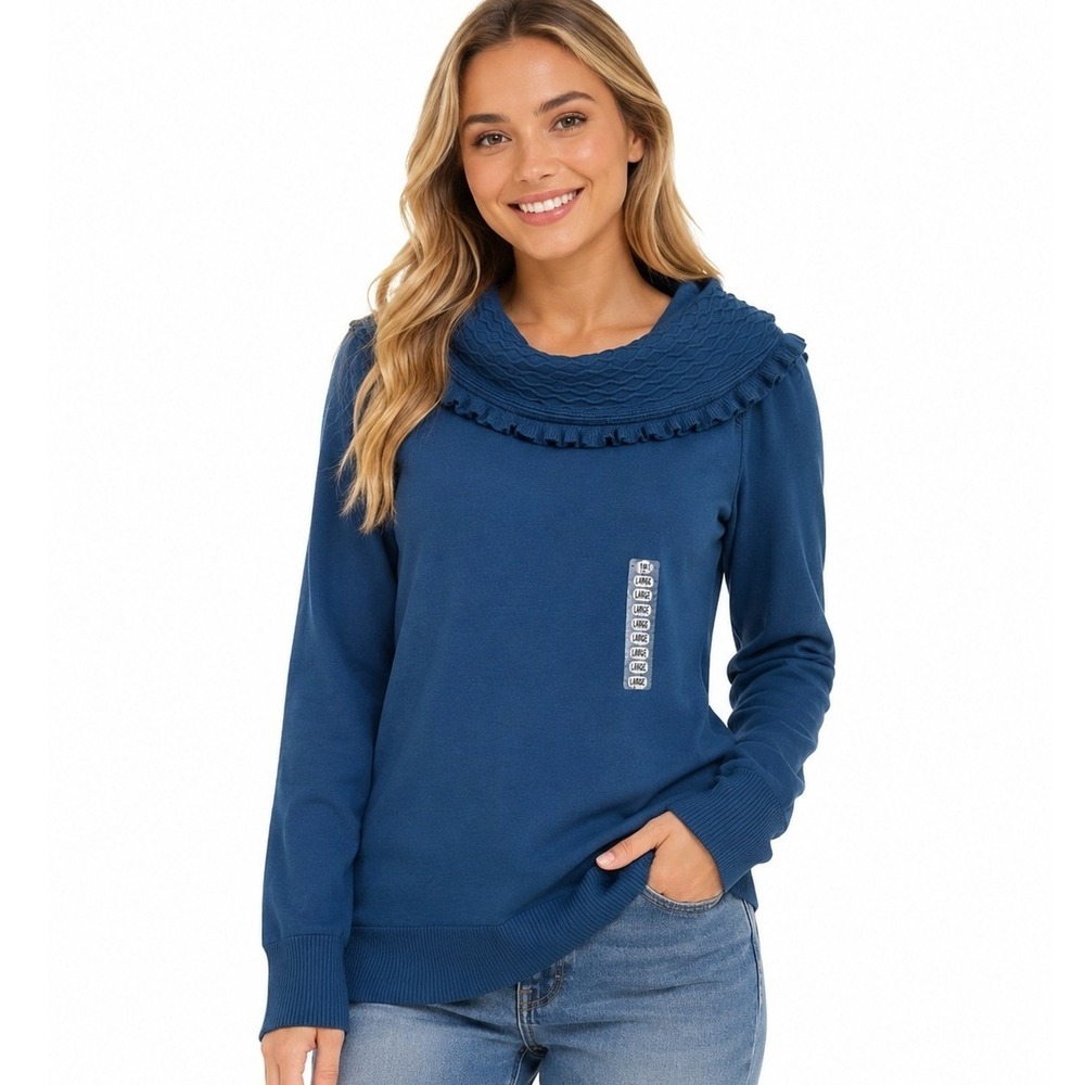 Eight Eight Eight Sweater Women Large Blue New Ruffle Cowl Neck Cotton Knit Top